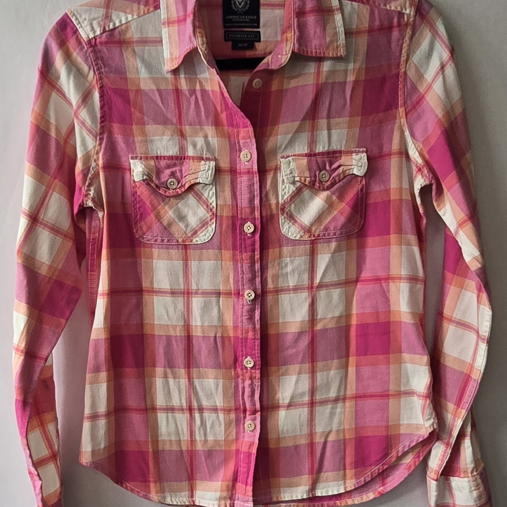 American Eagle Outfitters Pink and Orange Plaid Kids Shirt